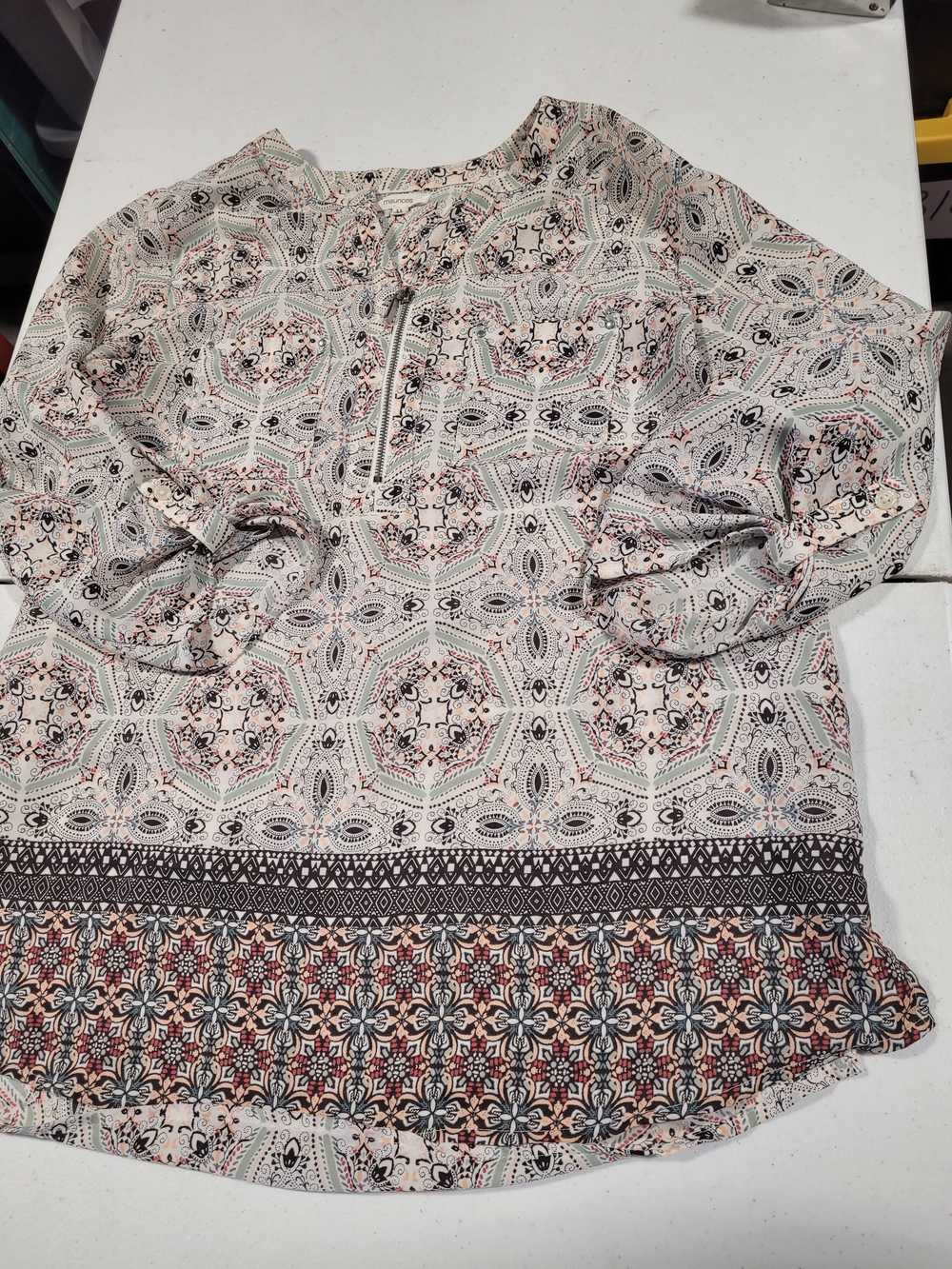 Maurices Cream Printed Long Sleeve Tunic with Multicolor Medallion Pattern